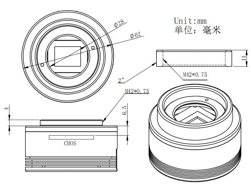 ASI1600MM マイクロフォーサーズサイズ モノクロカメラの筐体寸法